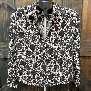 Hinge Floral Viscose Top M Black Beige Boho Split Neck Long Sleeves Dressy Dark